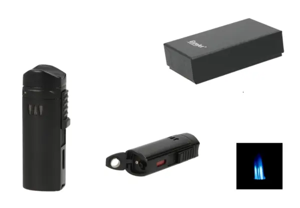 Eurojet Feuerzeug 3xJet, schwarz matt mit Bohrer Ø8mm u. Zigarrenablage