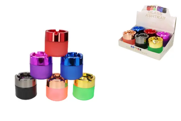 Angelo Aschenbecher, Glas/Kunststoff farbig sortiert, Ø8cm, H.8,5cm 