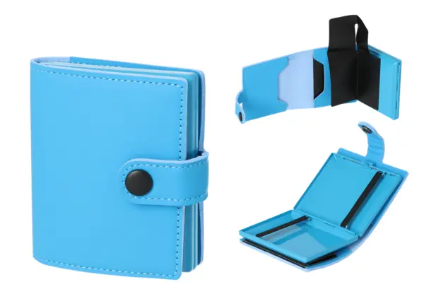 Angelo Zigaretten Etui Metall, 18er, Gummi, Hülle PU aquablau, Geld+Kartenfach 