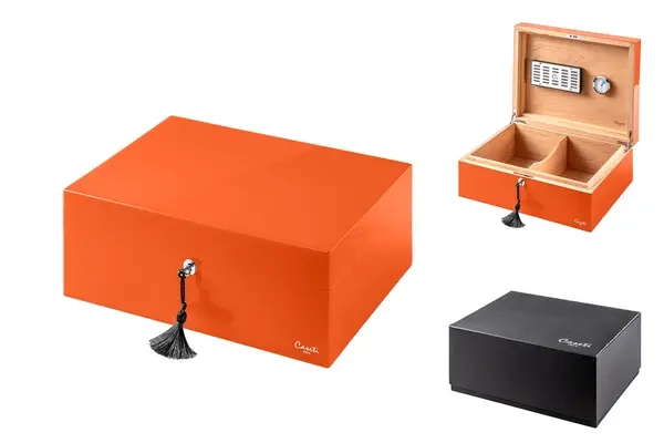 Caseti Humidor Paris, orange Hochglanz lackiert, 36,8x 27,7x 13,6cm abschließbar 