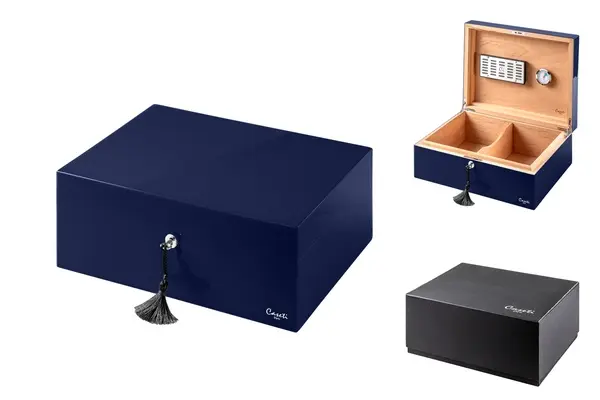 Caseti Humidor Paris, dunkelblau Hochglanz lackiert, 36,8x 27,7x 13,6cm abschließbar 