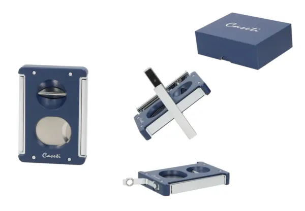 Caseti Zigarrenabschneider Ring 58,V-Cut,Zig.-Ständer,Bohrer Ø7mm, blau matt/chrom 