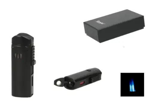 Eurojet Feuerzeug 3xJet, schwarz matt mit Bohrer Ø8mm u. Zigarrenablage