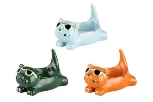 Aschenbecher 3er Set, Keramik Katze orange/blau/grün, 18x10,5x9cm 