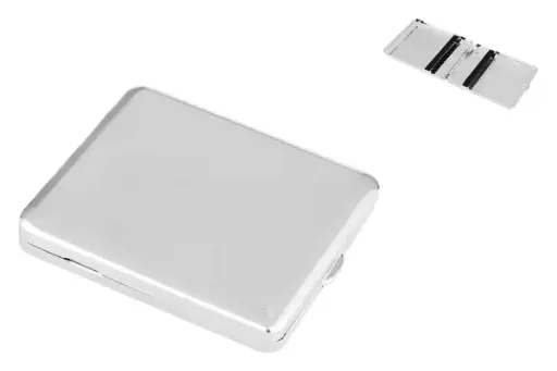 Angelo Zigaretten Etui 18er, 85mm, Metall chrom, Gummi 