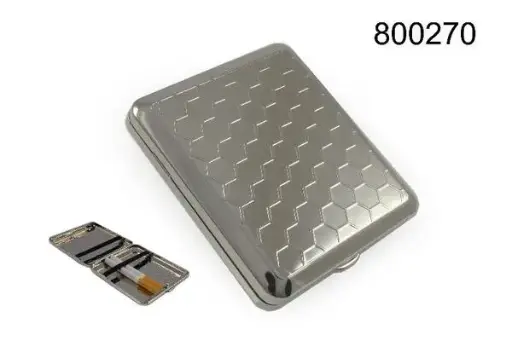 Angelo Zigaretten Etui 18er, 85mm, Metall chrom Wabe, Gummi 