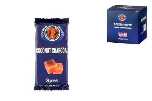 Golden River Premium Kokosnusskohle, 1kg, 8x8 Würfel 26x26mm, blaue Verpackung 