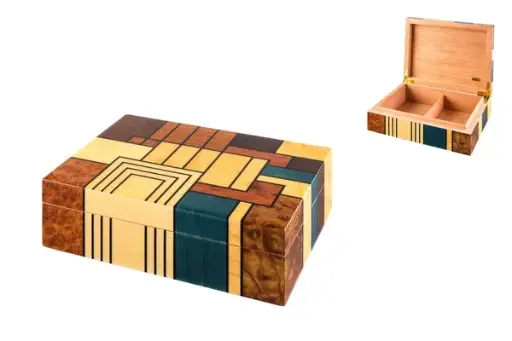 Angelo Humidor Holz, moderne Intarsien – 33 x 23 x 9 cm (ohne Hygrometer, ohne Befeuchter)