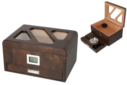 Angelo Humidor Wurzelholz-Optik mit Sichtfenster und Schublade, 27x 19,6x 14,5cm 