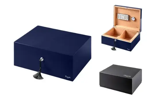Caseti Humidor Paris, dunkelblau Hochglanz lackiert, 36,8x 27,7x 13,6cm abschließbar 
