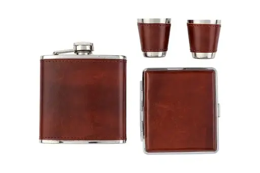 Angelo Flachmann Set, Metall/ Leder braun 6oz. mit Zigarettenetui und 2 Becher 