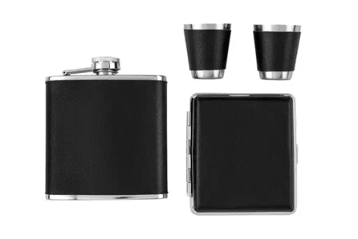 Angelo Flachmann Set, Metall/ Lederimitat schwarz, 6oz mit Zigarettenetui und 2 Becher 