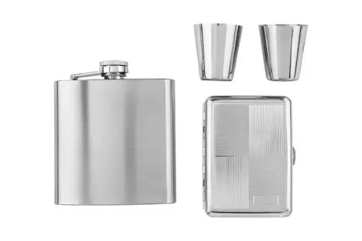 Angelo Flachmann Set, Metall chrom, 6oz mit Zigarettenetui und 2 Becher 