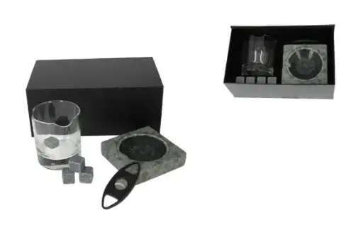 Zigarren Geschenk Set Nr.1, Granitaschenbecher, Abschneider, Whiskeyglas u. 4 Granit Cubes 