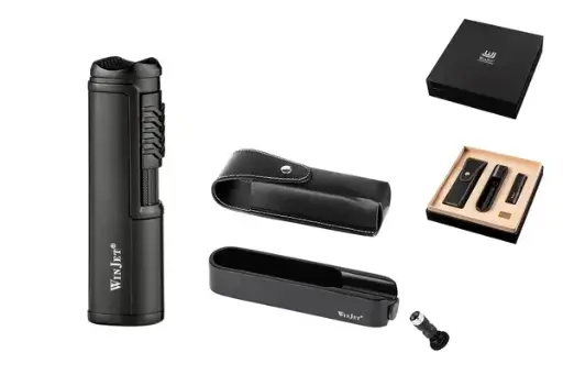 Winjet Zigarren Gift Set schwarz Jet-Feuerzeug+Aschenbecher incl. Bohrer+Lederetui 